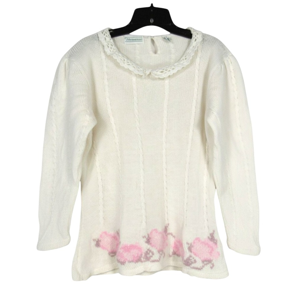VTG SHENANIGANS White LACE COLLAR Floral Embroidered COTTAGECORE Knit Sweater M